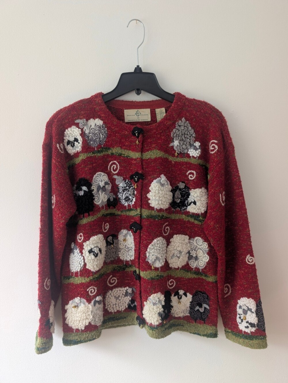 Vintage Design Options Sheep Cardigan Sweater 80s 90s 3D Black Sheep Bells Knit